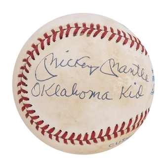 Mickey Mantle Signed and Inscribed OAL Brown Baseball with "Oklahoma Kid" Inscribed (JSA)
